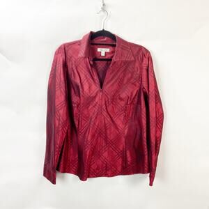 Coldwater Creek XL Womens Red Taffeta Sheen Zipper Front  Plaid Blouse Shirt